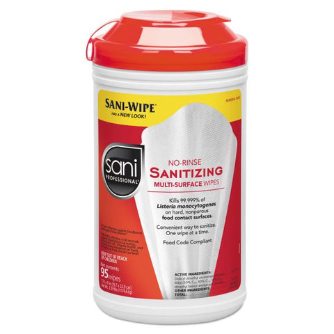 Sani Professional No-Rinse Sanitizing Multi-Surface Wipes, Unscented, White, 95/Container, 6/Carton