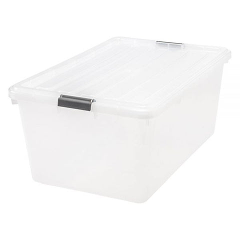 IRIS Buckle Down Plastic Storage Container With Built-In Handles And Snap Lid, 68 Quarts, 11 3/4" x 17 1/4" x 26 1/8", Clear