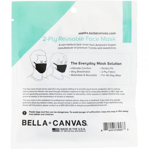 Bella + Canvas Reusable 2-Ply Cloth Face Masks, Black, M/L