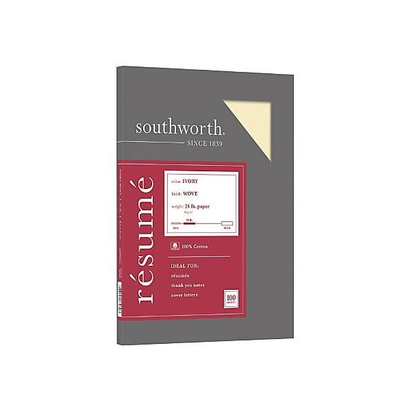 Southworth 100% Cotton Resume Paper, 24 lb Bond Weight, 8.5 x 11, Ivory, 100/Pack