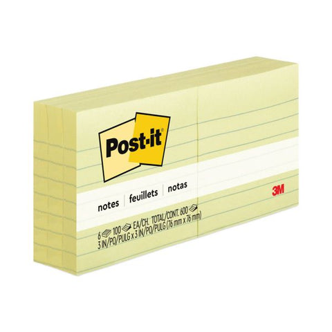 Post-it Notes Original Pads in Canary Yellow, Note Ruled, 3" x 3", 100 Sheets/Pad, 6 Pads/Pack