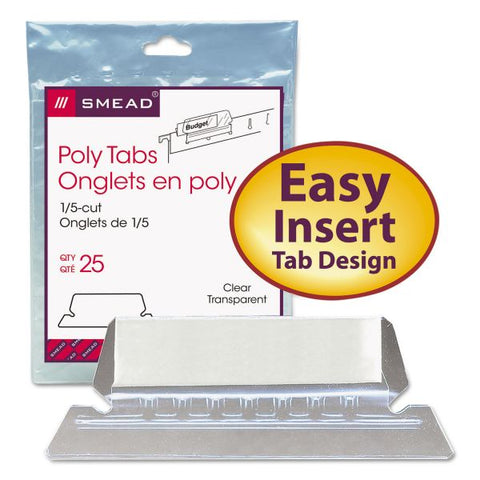 Smead Poly Index Tabs and Inserts For Hanging File Folders, 1/5-Cut, White/Clear, 2.25" Wide, 25/Pack