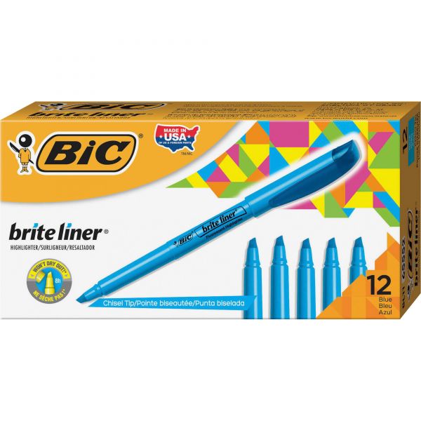 BIC Brite Liner Highlighter, Fluorescent Blue Ink, Chisel Tip, Blue/Black Barrel, Dozen