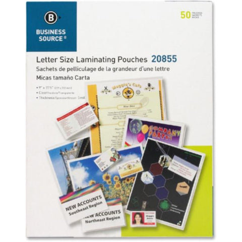 Business Source Letter Size Laminating Pouches 9" x 11 1/2" - 5 mil Thickness - Clear - 50/ Box