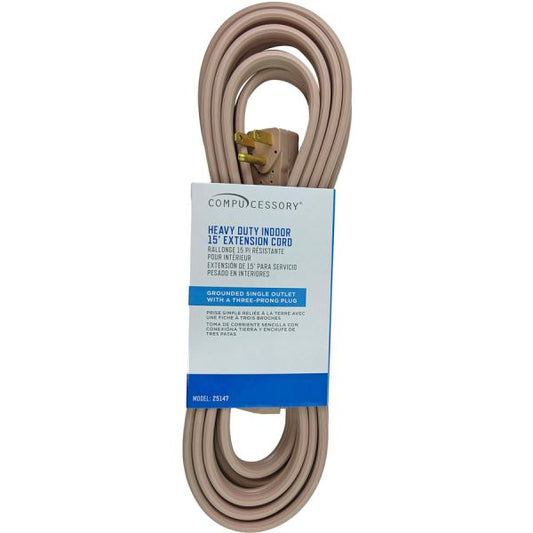 Compucessory Heavy Duty 15' Indoor Extension Cord 15 ft Length - 3 Prong - 125 V AC Voltage Rating - 15 A Current Rating - Beige