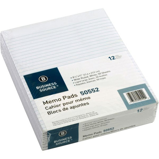 Business Source Glued Top Ruled Memo Pads - Letter 8.50" x 11" - Wide Ruled - 50 Sheets/Pad - 12 Pads - White