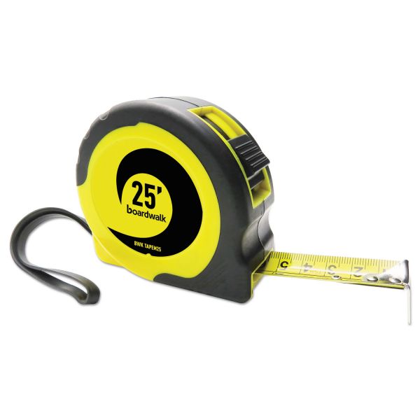 Boardwalk Easy Grip Tape Measure, 25 ft, Plastic Case, Black and Yellow, 1/16" Graduations