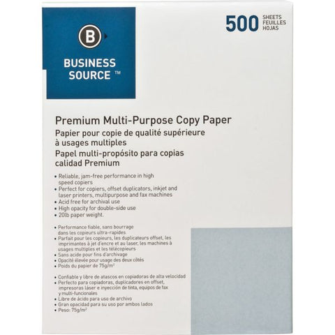 Business Source Premium Multi-Purpose White Copy Paper Letter - 8 1/2" x 11" - 20 lb Paper Weight - 92 GE Brightness - 500 Sheets/ Ream - 10 Reams/ Carton - White