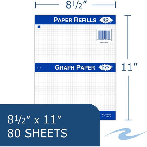 Filler Paper 8.5"x11" 5x5 Graph Ruled Case of 24 Packs of Filler Paper, 8.5"x11", 80 sheets of smooth medium weight 15# White Paper, 3-Hole Punched, 5x5 graph Ruled