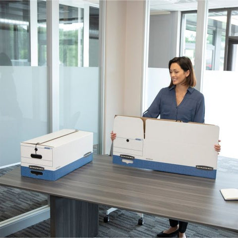 Bankers Box Stor/File Medium-Duty Storage Boxes With String & Button Closures And Built-In Handles, Letter Size, 24" x 12" x 10", 60% Recycled, White/Blue, Case Of 4