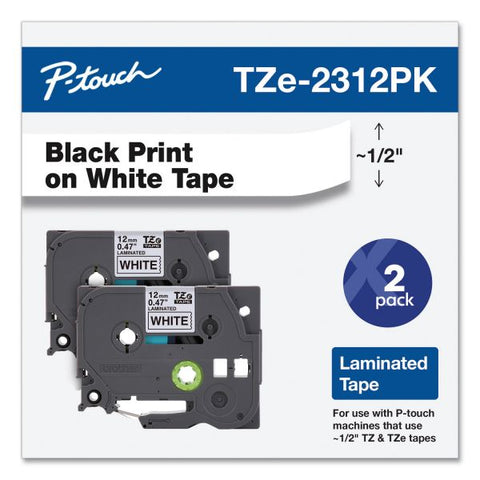 Brother P-Touch TZe Standard Adhesive Laminated Labeling Tapes, 0.47" x 26.2 ft, Black on White, 2/Pack