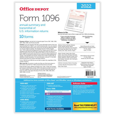 1096 Laser Tax Forms, 1-Part, 8-1/2" x 11", Pack Of 10 Forms