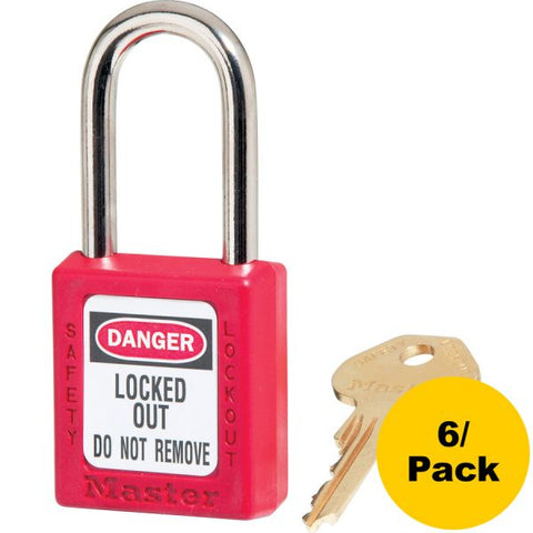 Master Danger Red Safety Padlock 0.25" Shackle Diameter - Red - 6 / Pack