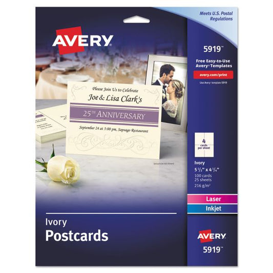 Avery Printable Postcards, Inkjet/Laser, 74 lb, 4.25 x 5.5, Ivory, 100 Cards, 4 Cards/Sheet, 25 Sheets/Box