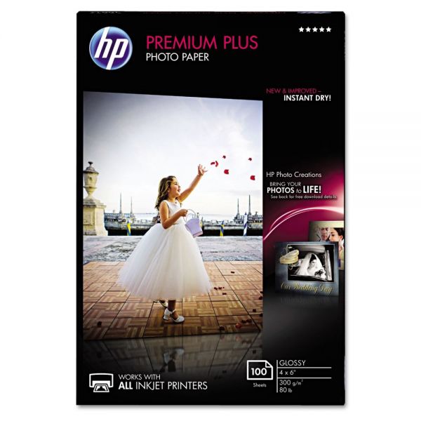 HP Premium Plus Photo Paper, 11.5 mil, 4 x 6, Glossy White, 100/Pack