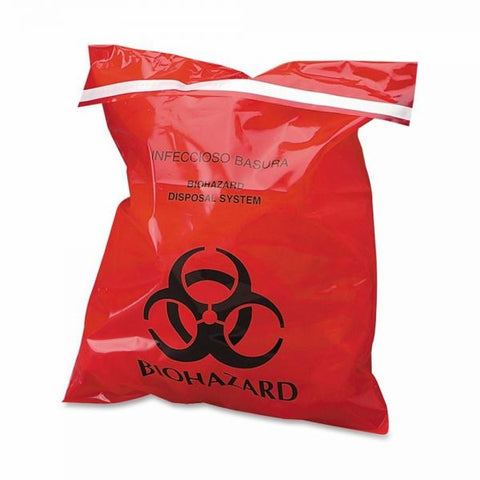 CareTek Stick-On Biohazard Waste Bags, 1.4 qt, 2 mil, 9" x 10", Red, 100/Box