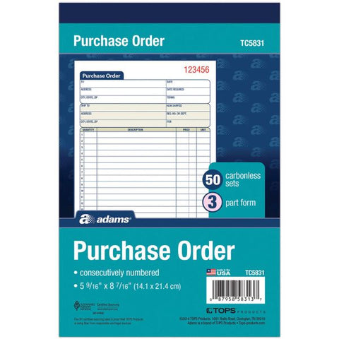 Adams 3-Part Carbonless Purchase Order Forms 3 Part - Yes - 8.43" x 5.56" Sheet Size - 1 / Each