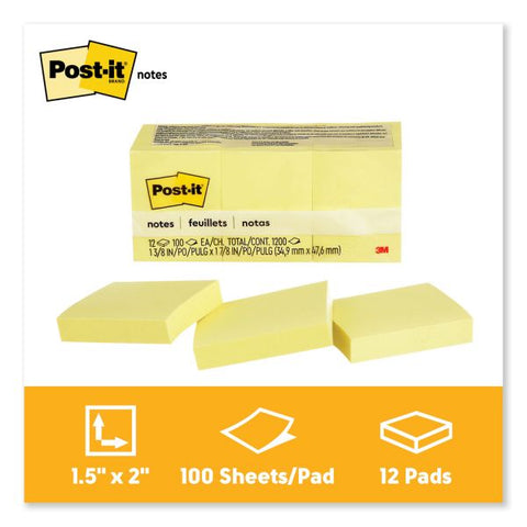 Post-it Notes Original Pads in Canary Yellow, 1 3/8 x 1 7/8, 100-Sheet, 12/Pack