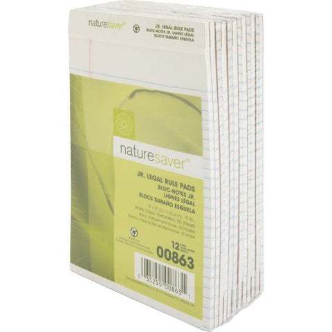 Nature Saver 100% Recycled Junior Legal Pads 5" x 8" - Legal Ruled - Perforated - 50 Sheets/ Pad - 12 Pads - White