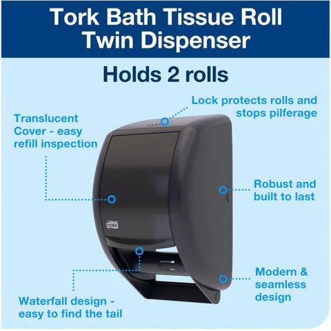 Tork Twin Standard Roll Bath Tissue Dispenser, 7.5 x 7 x 12.75, Smoke Roll Dispenser - 12.8" Height x 7.5" Width x 7" Depth - Plastic - Smoke - Translucent, Easy to Clean, Impact Resistant, Lockable, Long Lasting - 1