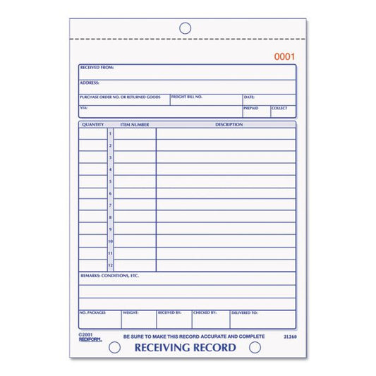 Rediform Receiving Record Book, Three-Part Carbonless, 5.56 x 7.94, 50 Forms Total