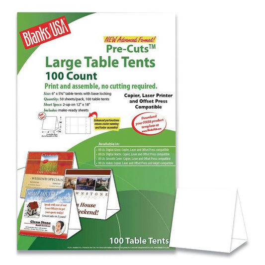 Blanks/USA Table Tent, 80 lb Cover Weight, 12 x 18, White, 2 Tents/Sheet, 50 Sheets/Pack