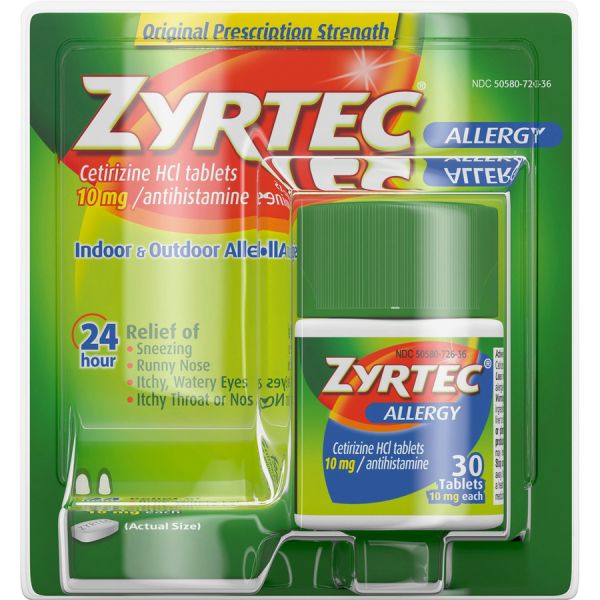 Zyrtec AllergyTablets For Runny Nose, Sneezing, Itchy Throat - 30 / Box