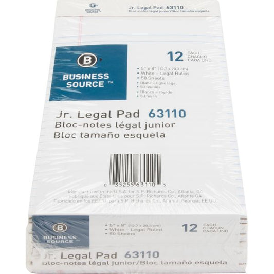 Business Source Junior Legal Pads 5" x 8" - Legal Ruled - Perforated - 50 Sheets/ Pad - 12 Pads - White