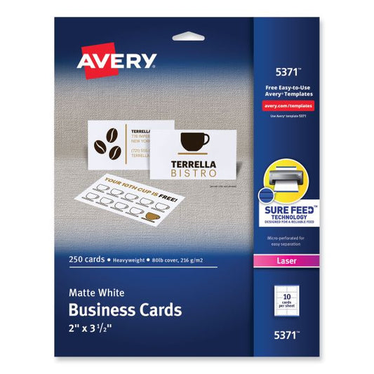 Avery Printable Microperforated Business Cards w/Sure Feed Technology, Laser, 2 x 3.5, White, 250 Cards, 10/Sheet, 25 Sheets/Pack