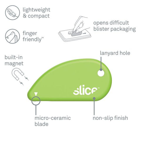 slice Safety Cutters, Fixed, Non Replaceable Micro Safety Blade, 0.1" Ceramic Blade, 2.4" Plastic Handle, Green