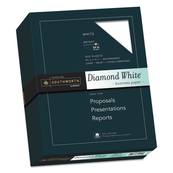 Southworth 25% Cotton Diamond White Business Paper, 95 Bright, 24 lb Bond Weight, 8.5 x 11, 500/Ream