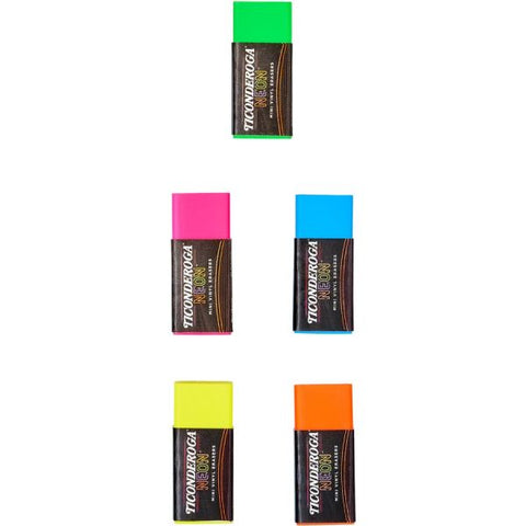 Ticonderoga Neon Mini Erasers Neon Pink, Neon Green, Neon Orange, Neon Yellow, Neon Blue - Vinyl - 5 / Pack - Latex-free, Soft, Smudge-free, Residue-free, Non-abrasive, Non-tearing, Non-toxic