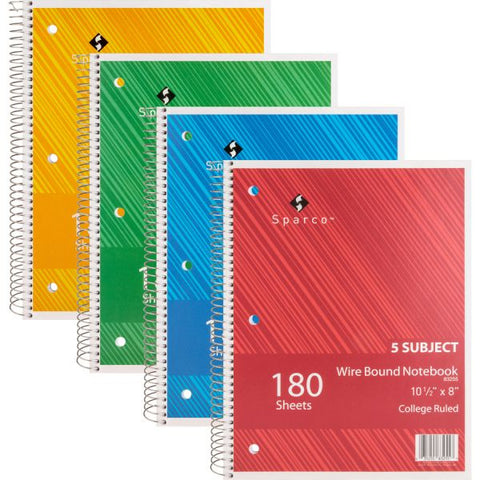 Sparco Wirebound College Ruled Notebooks 180 Sheets - Wire Bound - College Ruled - Unruled - 8" x 10 1/2" - Assorted Paper - Assorted Cover - Chipboard Cover - Resist Bleed-through, Subject, Stiff-back, Stiff-cover - 5 / Bundle