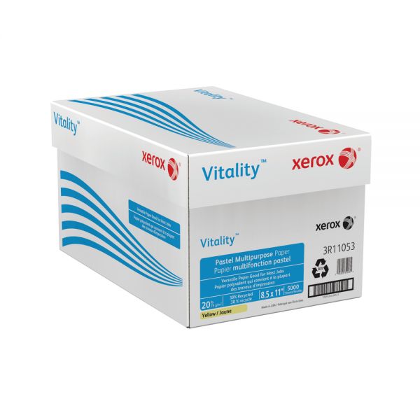 Xerox Vitality Pastel Colored Multi-Use Print & Copy Paper, Letter Size (8 1/2" x 11"), 20 Lb, FSC Certified, 30% Recycled, Yellow, 500 Sheets Per Ream, Case Of 10 Reams