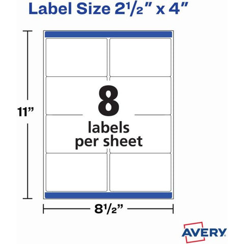 Avery TrueBlock Shipping Labels 2 1/2" Width x 4" Length - Permanent Adhesive - Laser - White - Paper - 8 / Sheet - 100 Total Sheets - 800 / Pack - Durable