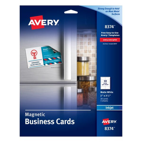 Avery Magnetic Business Cards, Inkjet, 2 x 3.5, White, 30 Cards, 10 Cards/Sheet, 3 Sheets/Pack