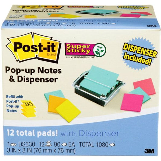 Post-it Pop-up Notes Super Sticky Pop-up Dispenser Value Pack, For 3 x 3 Pads, Black/Clear, Includes (12) Marrakesh Rio de Janeiro Super Sticky Pop-up Pad