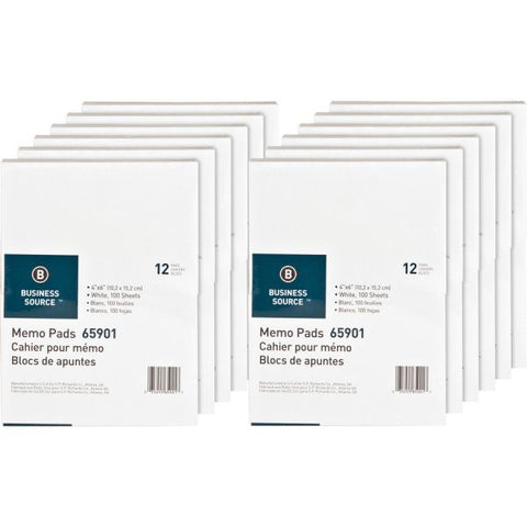 Business Source Plain Memo Pads 4" x 6" Size - Unruled - Glued Binding - White - 100 Sheets/ Pad - 144 Pads/ Carton