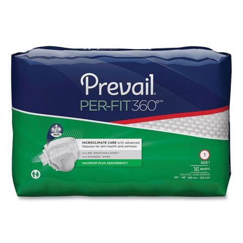 Prevail Per-Fit360 Degree Briefs, Maximum Plus Absorbency, Size 1, 26" to 48" Waist, 96/Carton