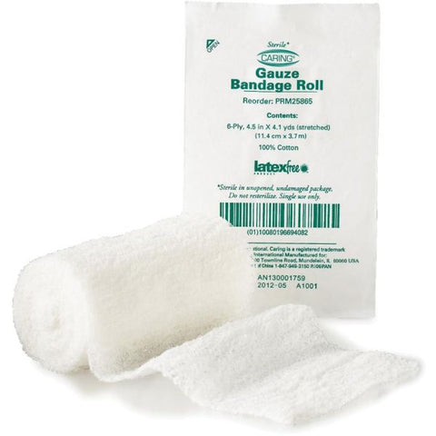 CARING Gauze Bandage Rolls 4.5" x 12.3 ft - 6 Ply - 100/ Box - White