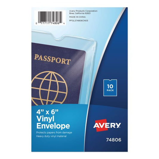 Avery Top-Load Clear Vinyl Envelopes w/Thumb Notch, 4 x 6, Clear, 10/Pack