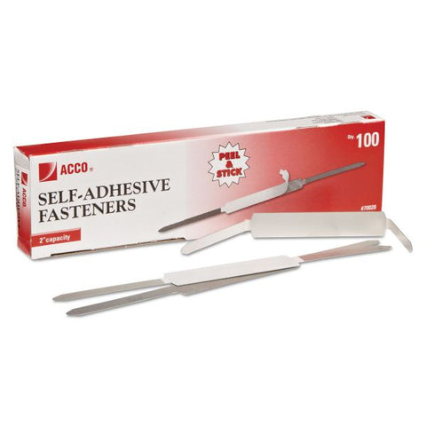 ACCO Self-Adhesive Two-Prong Paper Fastener Bases, 2" Capacity, 2.75" Center to Center, Matte Steel, 100/Box