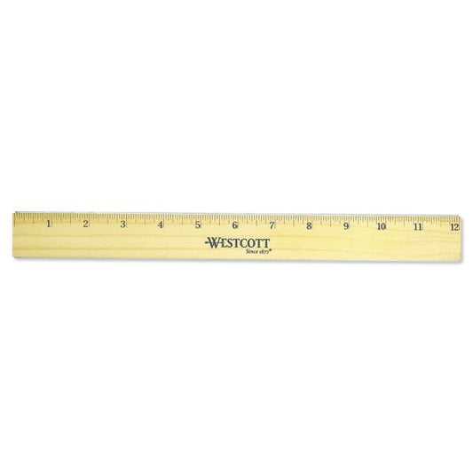 Westcott Flat Wood Ruler with Two Double Brass Edges, Standard/Metric, 12", Clear Lacquer Finish