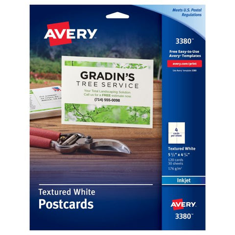 Avery Printable Postcards, Inkjet, 65 lb, 4.25 x 5.5, Textured Matte White, 120 Cards, 4 Cards/Sheet, 30 Sheets/Box