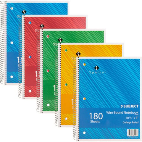 Sparco Wirebound College Ruled Notebooks 180 Sheets - Wire Bound - College Ruled - Unruled - 8" x 10 1/2" - Assorted Paper - Assorted Cover - Chipboard Cover - Resist Bleed-through, Subject, Stiff-back, Stiff-cover - 5 / Bundle