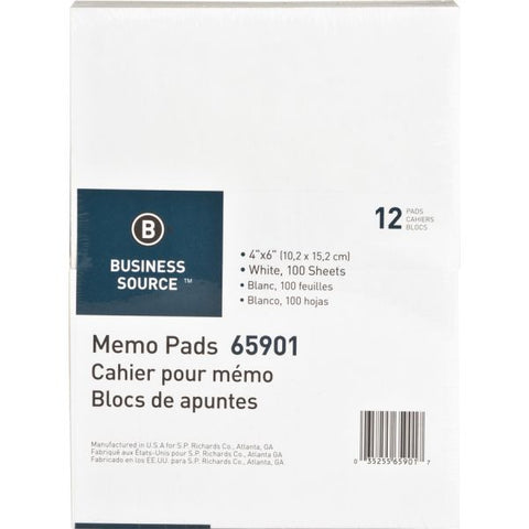 Business Source 65901 Memo Pad 100 Sheet(s) - 15 lb - Unruled - 4" x 6" - 1 Dozen - White