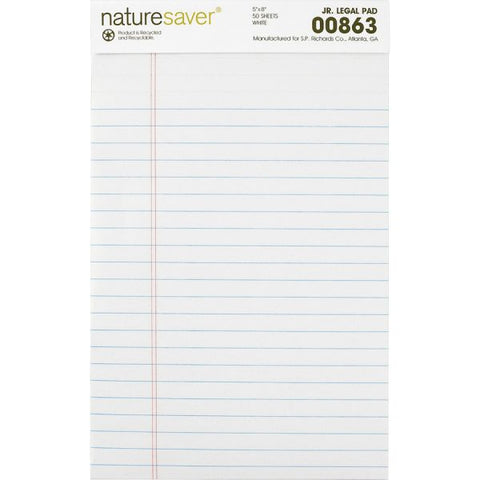 Nature Saver 100% Recycled Junior Legal Pads 5" x 8" - Legal Ruled - Perforated - 50 Sheets/ Pad - 12 Pads - White