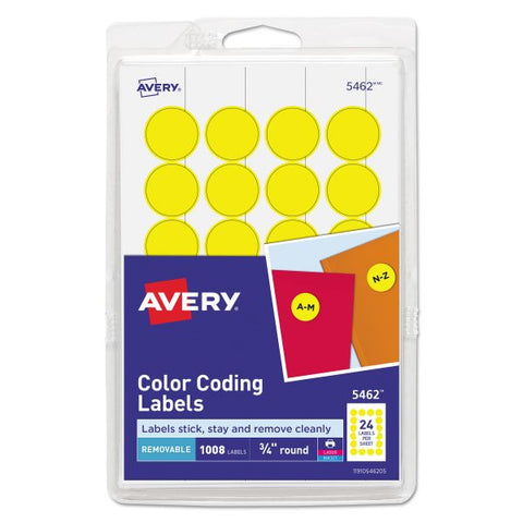 Avery Printable Self-Adhesive Removable Color-Coding Labels, 0.75" dia, Yellow, 24/Sheet, 42 Sheets/Pack, (5462)