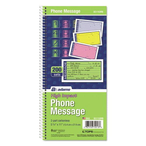 Adams Wirebound Telephone Book with Multicolored Messages, Two-Part Carbonless, 4.75 x 2.75, 4 Forms/Sheet, 200 Forms Total