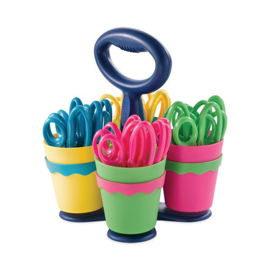 Westcott Scissor Caddy with Kids' Scissors, 5" Long, 2" Cut Length, Light Blue; Light Green; Pink; Red, Straight Handles, 24/Set